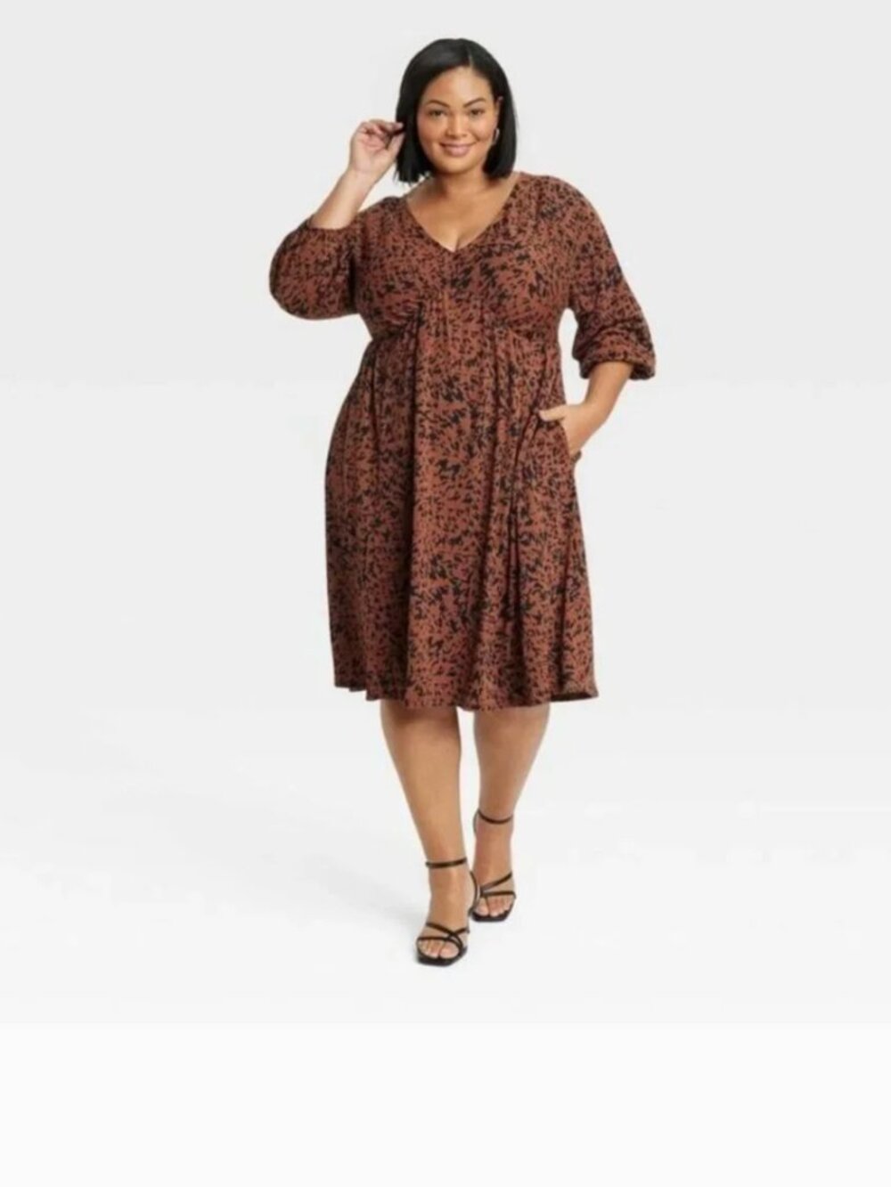 Ava & Viv Women's Brown and Black Printed V-Neck Dress